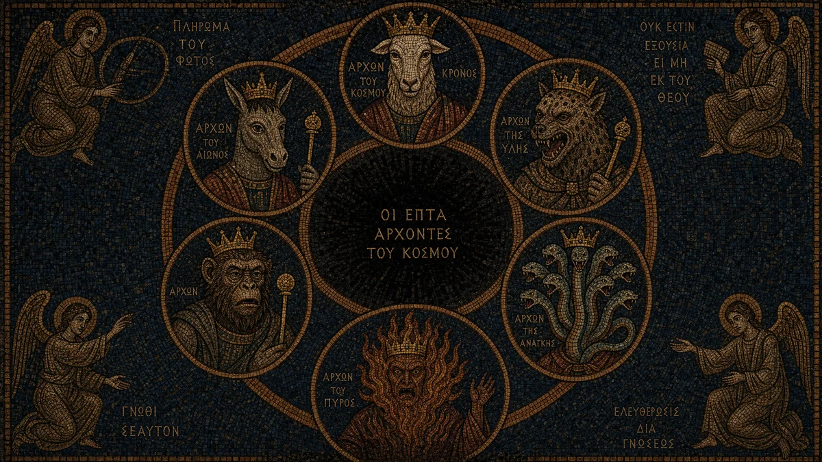 Byzantine mosaic-style depiction of the seven Archons with animal heads — goat, donkey, hyena, seven-headed snake, ape, and flaming figure — arranged in a circle around the text 'The Seven Archons of the World' in Greek