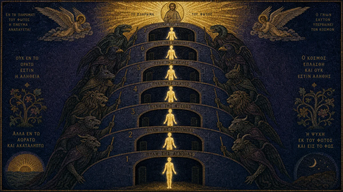 Byzantine mosaic illustration of a golden human soul ascending through seven dark archways, each guarded by a monstrous archon figure, toward brilliant divine light at the top