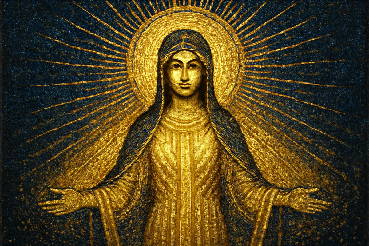 Byzantine mosaic style illustration of Barbelo — the divine feminine first emanation from the Father, surrounded by radiant golden light