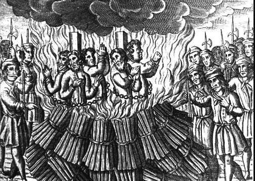 Medieval illustration of people being burned as heretics, late 14th or early 15th century
