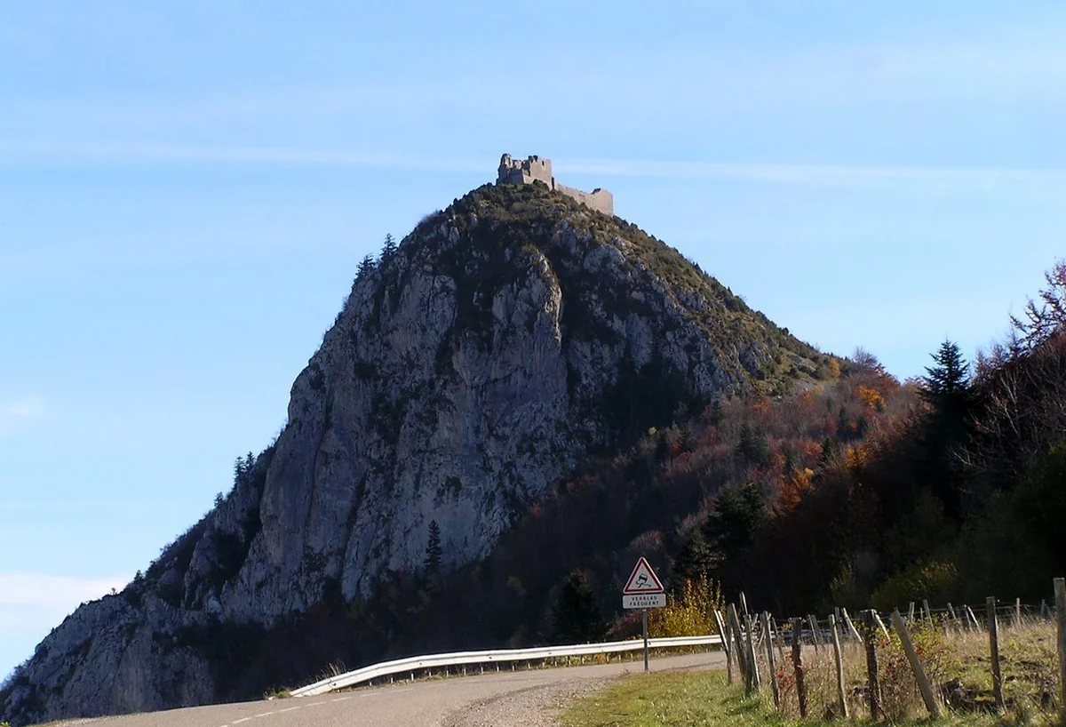 Ruins of Montségur castle in Ariège France, the last major Cathar stronghold which fell in 1244
