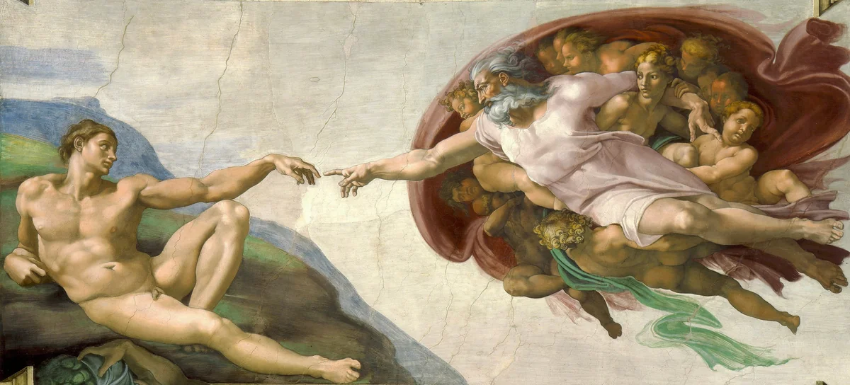 Michelangelo's Creation of Adam from the Sistine Chapel ceiling — in Gnostic theology, the figure reaching down to Adam is not the true God but the Demiurge Yaldabaoth