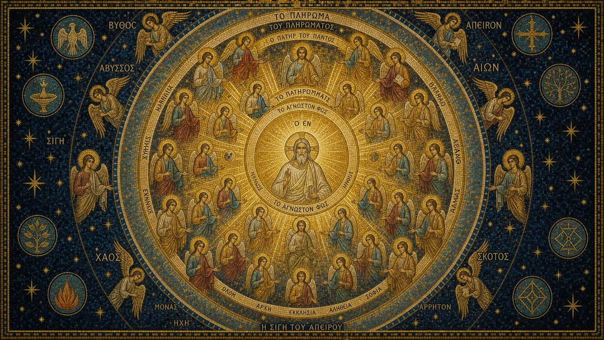 Byzantine mosaic illustration of the Pleroma — the divine realm of light populated by Aeons radiating outward from the transcendent true God