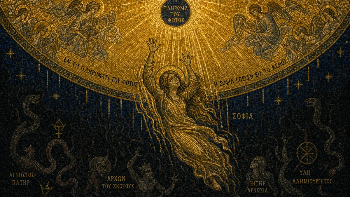 Byzantine mosaic illustration of Sophia falling from the golden divine Pleroma into the dark void below, arms reaching upward, golden light trailing from her form
