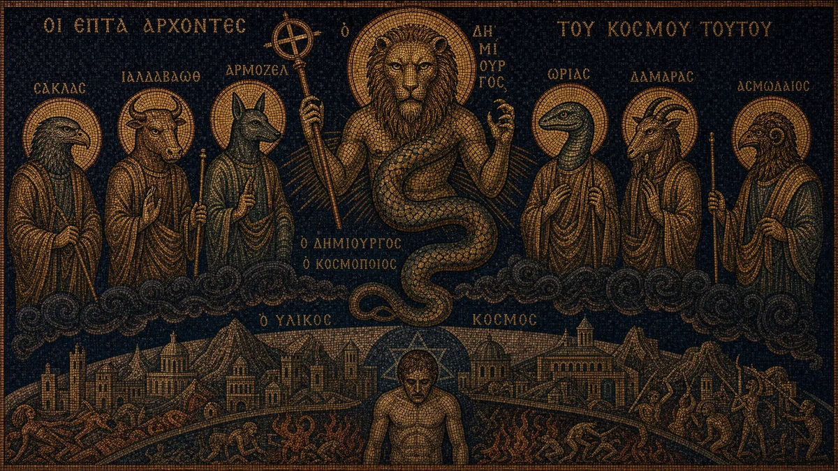 Byzantine mosaic-style depiction of the Demiurge — a lion-headed serpent-bodied creator being surrounded by seven Archons with animal heads