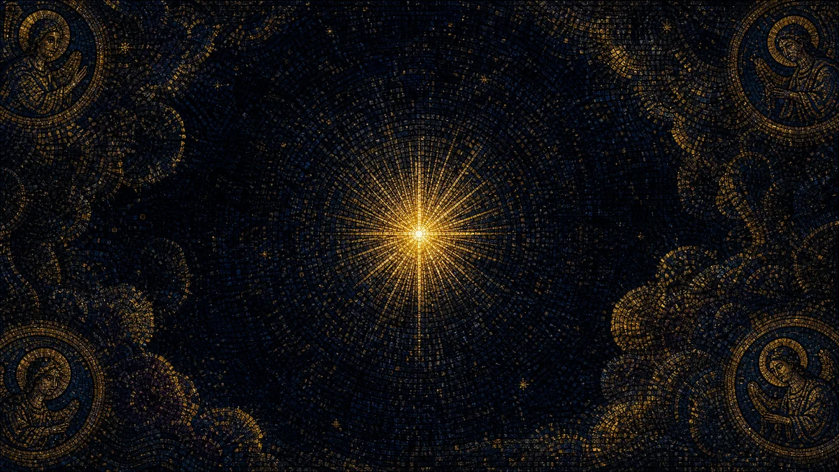 Byzantine mosaic illustration of the divine spark — a single radiant point of golden light surrounded by darkness, representing the Gnostic pneuma trapped in the material world