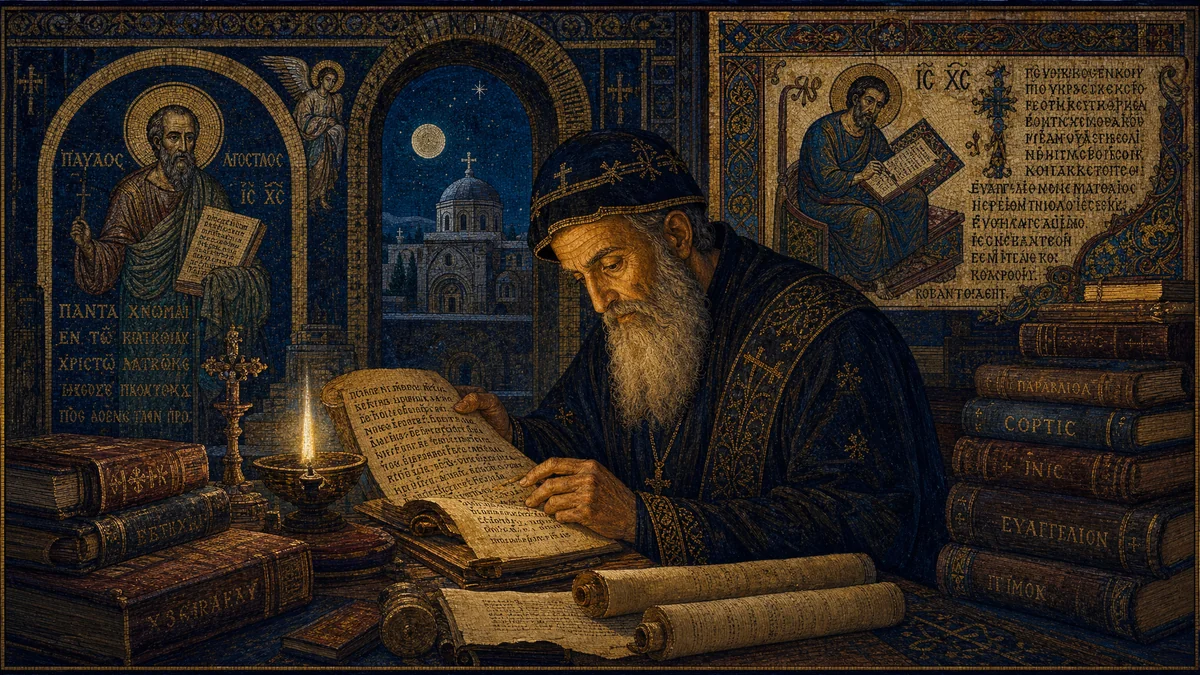 Illustration of an ancient scholar studying Coptic manuscripts by candlelight, Byzantine mosaic style in navy and gold