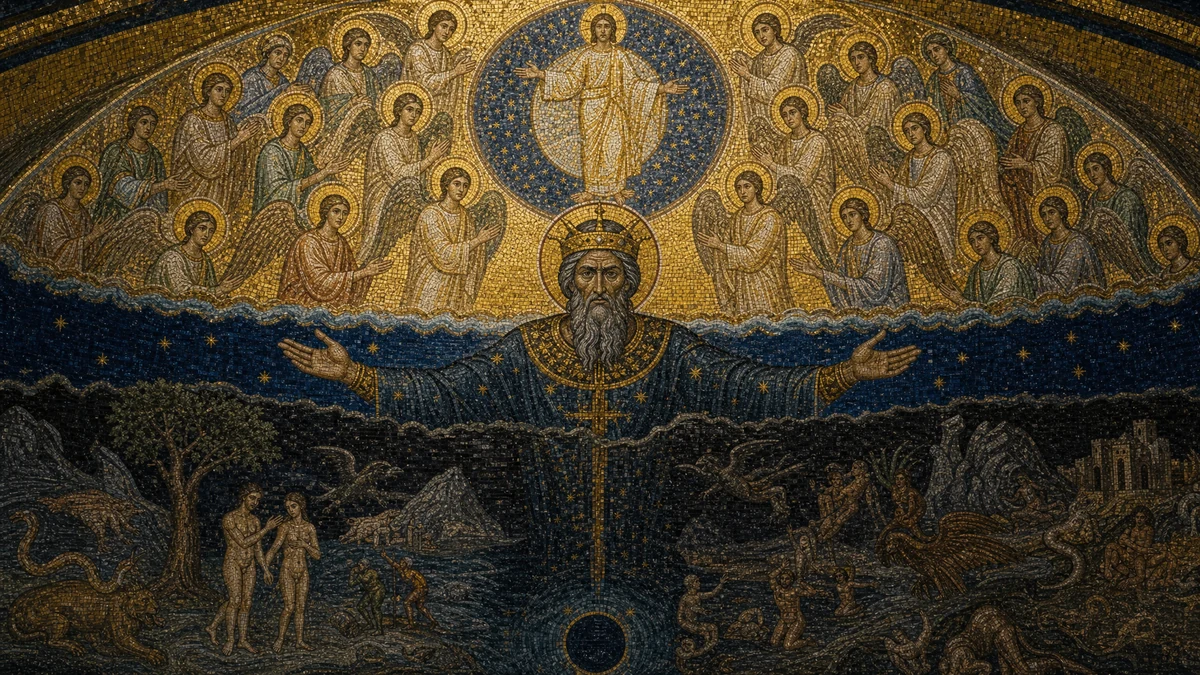 Byzantine mosaic depicting the Gnostic cosmos — the divine Pleroma above and the material world below, separated by the Demiurge