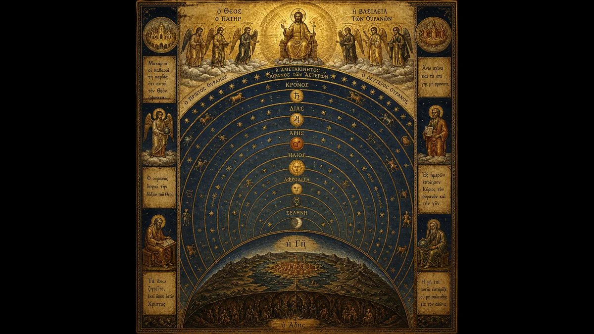 Ancient manuscript style Gnostic cosmological diagram showing the Pleroma — the divine realm of fullness — at the top with the Father and Aeons, and the seven planetary spheres below