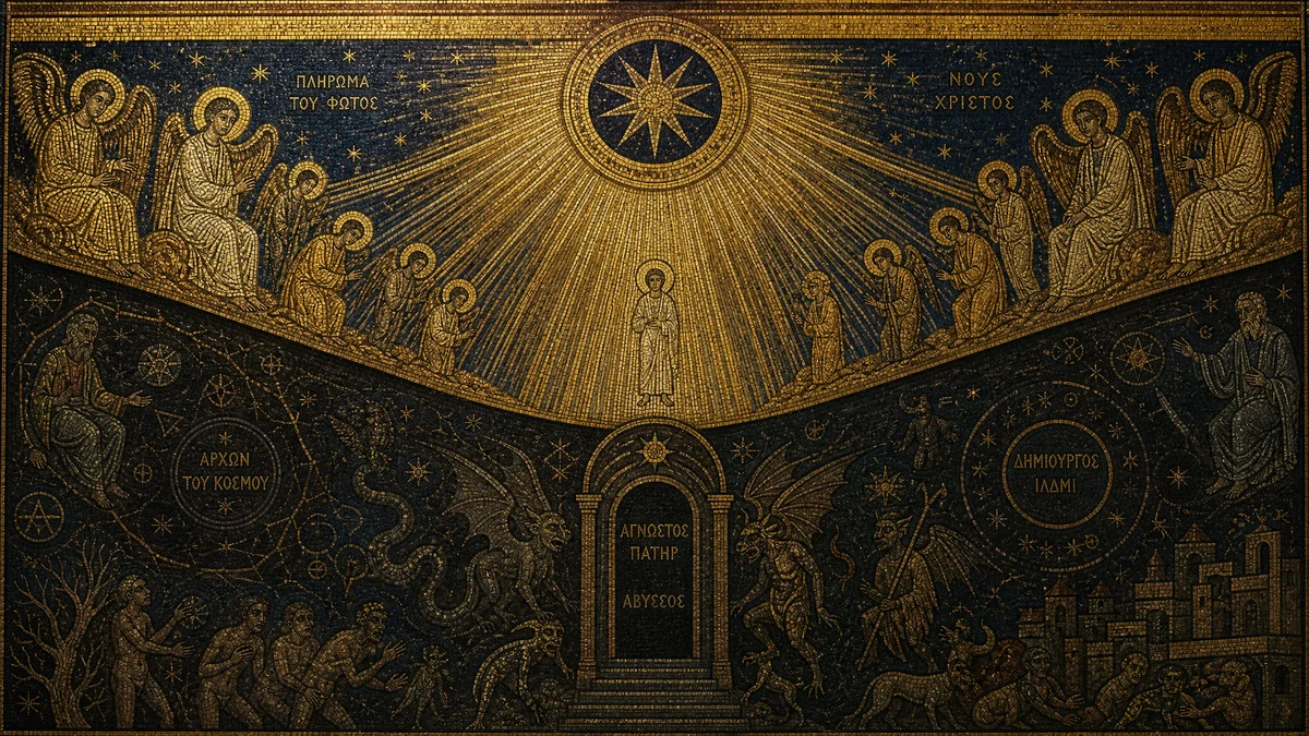 Byzantine mosaic illustration of Gnostic dualism — the divine Pleroma with golden light above and the dark material realm below