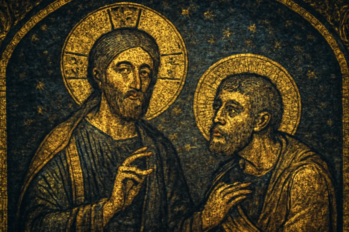 Byzantine mosaic illustration of Jesus imparting secret gnosis to Judas — the central scene of the Gnostic Gospel of Judas, both figures depicted with golden halos