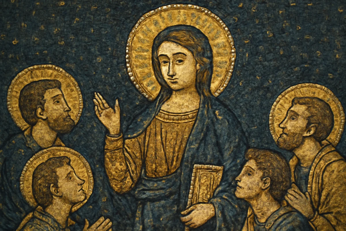 Byzantine mosaic of Mary Magdalene as teacher and visionary — central haloed female figure holding a book, surrounded by male disciples listening — representing the Gospel of Mary's portrait of her as the disciple who truly understood Christ