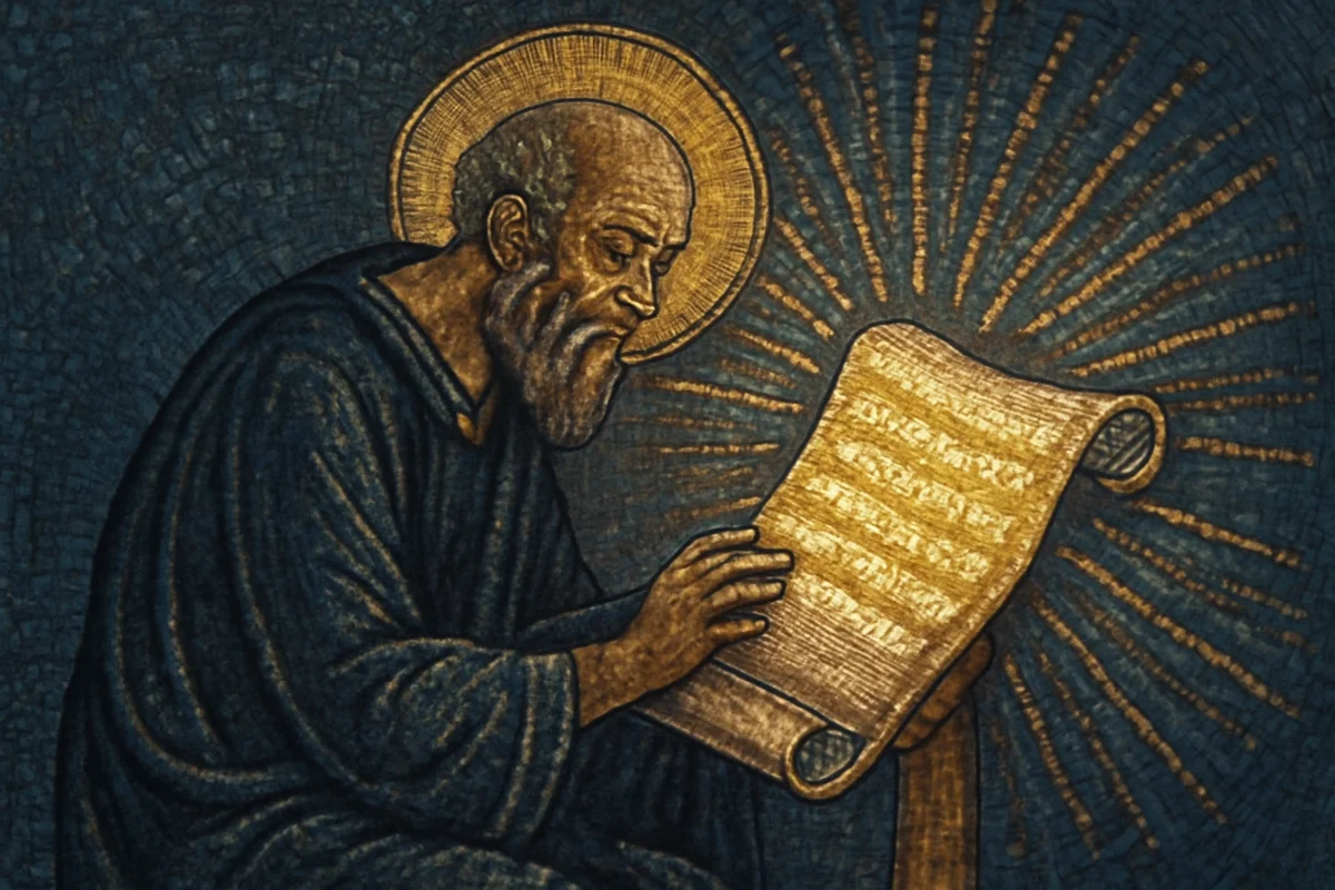Byzantine mosaic of an ancient sage reading a glowing scroll with rays of divine light — representing the Gospel of Thomas's invitation to seek and find hidden meaning