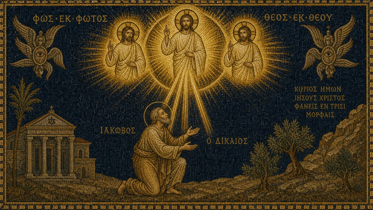 Byzantine mosaic depicting James the Just kneeling as Christ appears above him in three simultaneous forms — ΙΑΚΩΒΟΣ Ο ΔΙΚΑΙΟΣ (James the Just), ΦΩΣ ΕΚ ΦΩΤΟΣ (Light from Light), ΘΕΟΣ ΕΚ ΘΕΟΥ (God from God)
