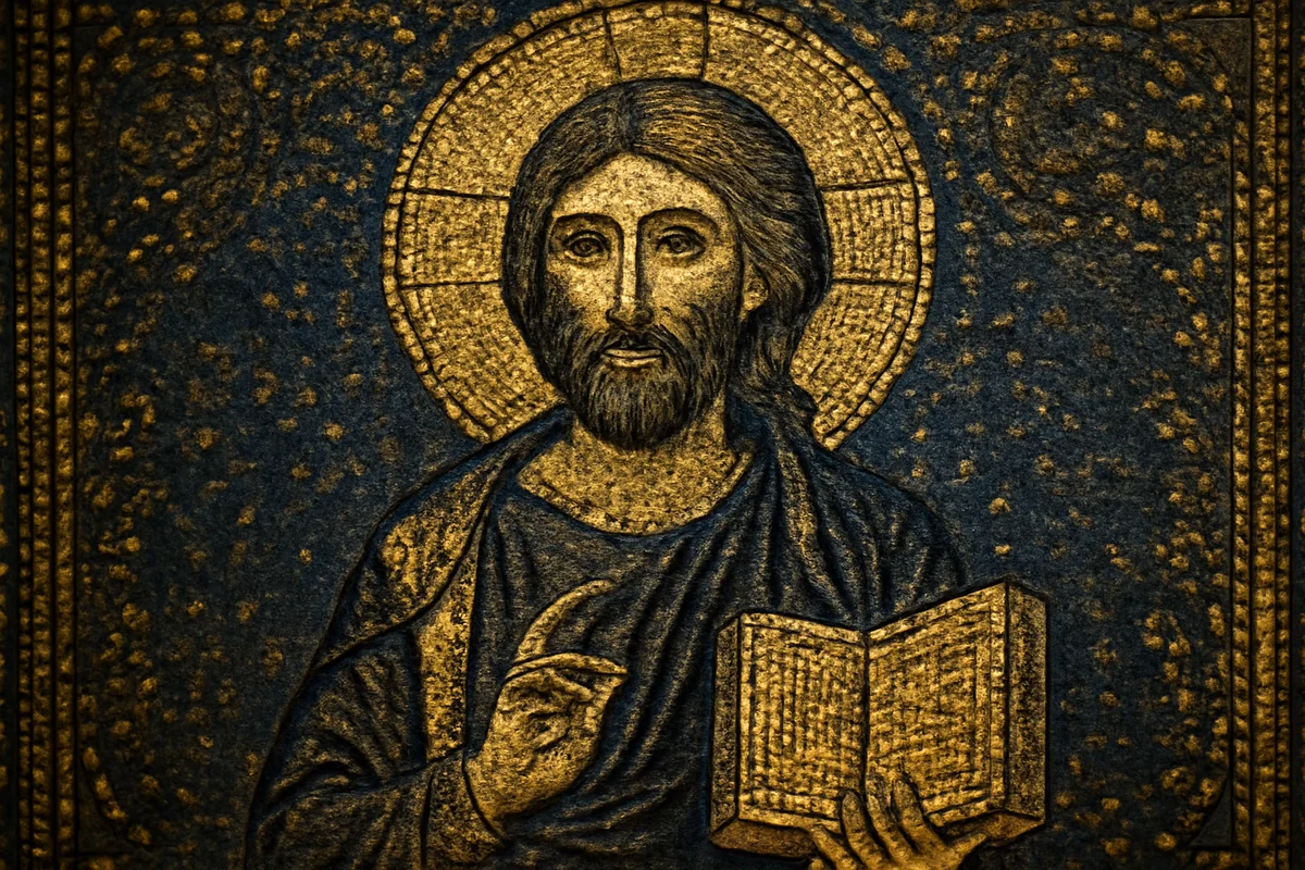 Byzantine mosaic of Christ as divine teacher and revealer, holding an open book of hidden wisdom with a radiant golden halo — the Gnostic Christ who came to teach gnosis, not die for sin