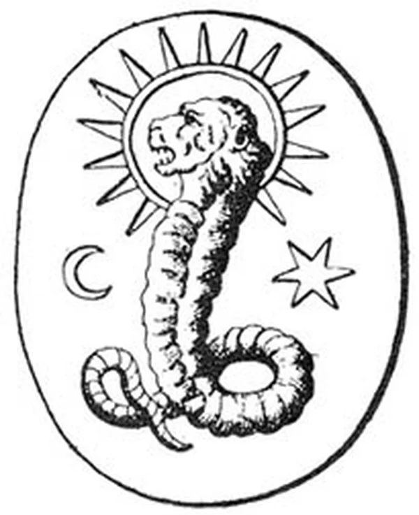 Ancient Gnostic gem depicting a lion-faced serpentine deity — Yaldabaoth or a related figure — from Bernard de Montfaucon's L'Antiquité Expliquée (1719)