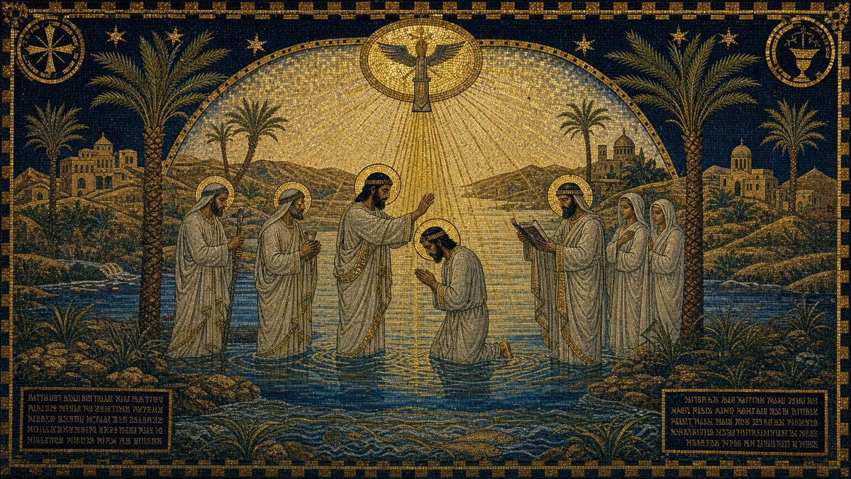 Byzantine mosaic depicting Mandaean priests and worshippers performing the Masbuta baptism ritual in a sacred river