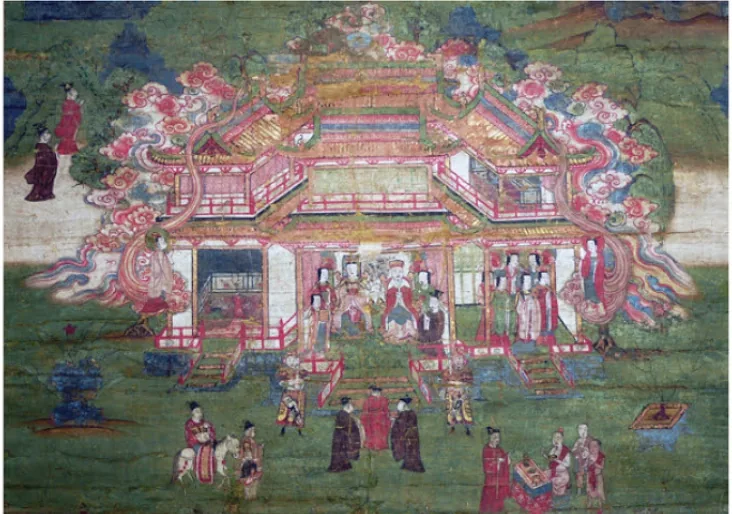 14th century silk painting depicting Mani's parents Patik and Mariam seated in a palatial building