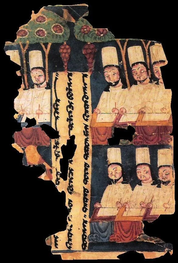 Manichaean priests writing at their desks, 8th–9th century manuscript from Gaochang, Tarim Basin, China