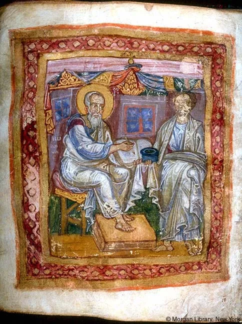 Medieval illumination of the Apostle John and Marcion of Sinope from 11th century manuscript