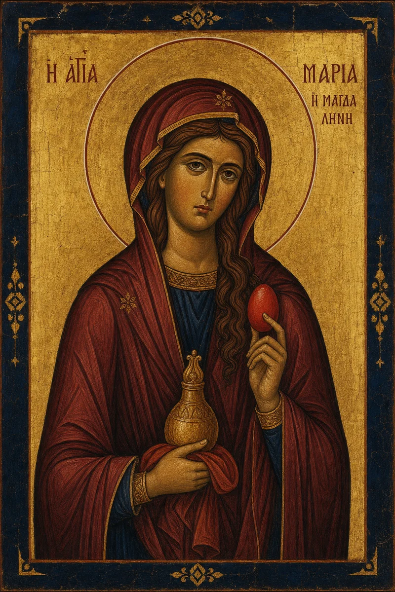 Byzantine icon style depiction of Mary Magdalene with gold halo, dark navy and gold palette