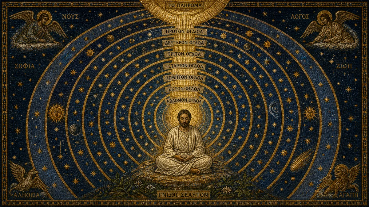 Byzantine mosaic style depiction of a meditating figure in white robes surrounded by seven concentric rings of golden light representing the Gnostic heavens