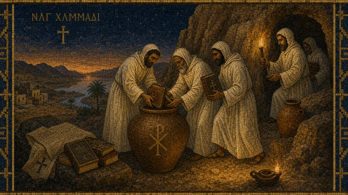 Byzantine mosaic depiction of Pachomian monks placing leather-bound codices into a clay jar near a desert cliff at Nag Hammadi Egypt