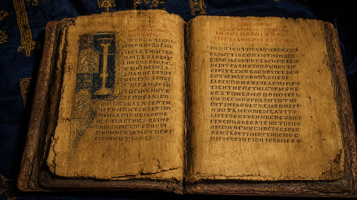 Ancient Nag Hammadi codex pages showing Coptic script on aged papyrus, the manuscripts Elaine Pagels studied for The Gnostic Gospels