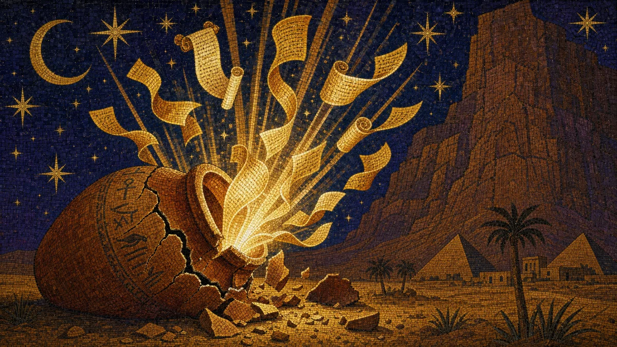 Byzantine mosaic illustration of the Nag Hammadi clay jar cracking open in the Egyptian desert at night, golden scrolls of light spilling out toward a cliff face and pyramids