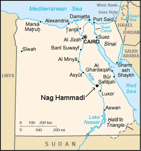 Map of Egypt showing the location of Nag Hammadi in Upper Egypt, south of Cairo, near the Jabal al-Tarif cliff where the Gnostic codices were discovered in 1945