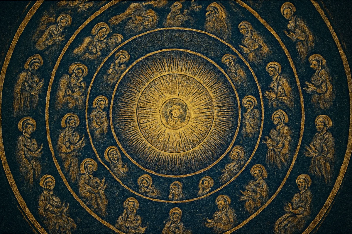 Byzantine mosaic illustration of the Gnostic Pleroma — divine Aeons emanating in concentric rings from the central radiant Father