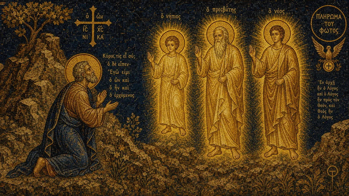 Byzantine mosaic illustration of Christ appearing to John the Apostle in three simultaneous forms — a child, an elder, and a youth — radiating golden light, as described in the opening of the Secret Book of John