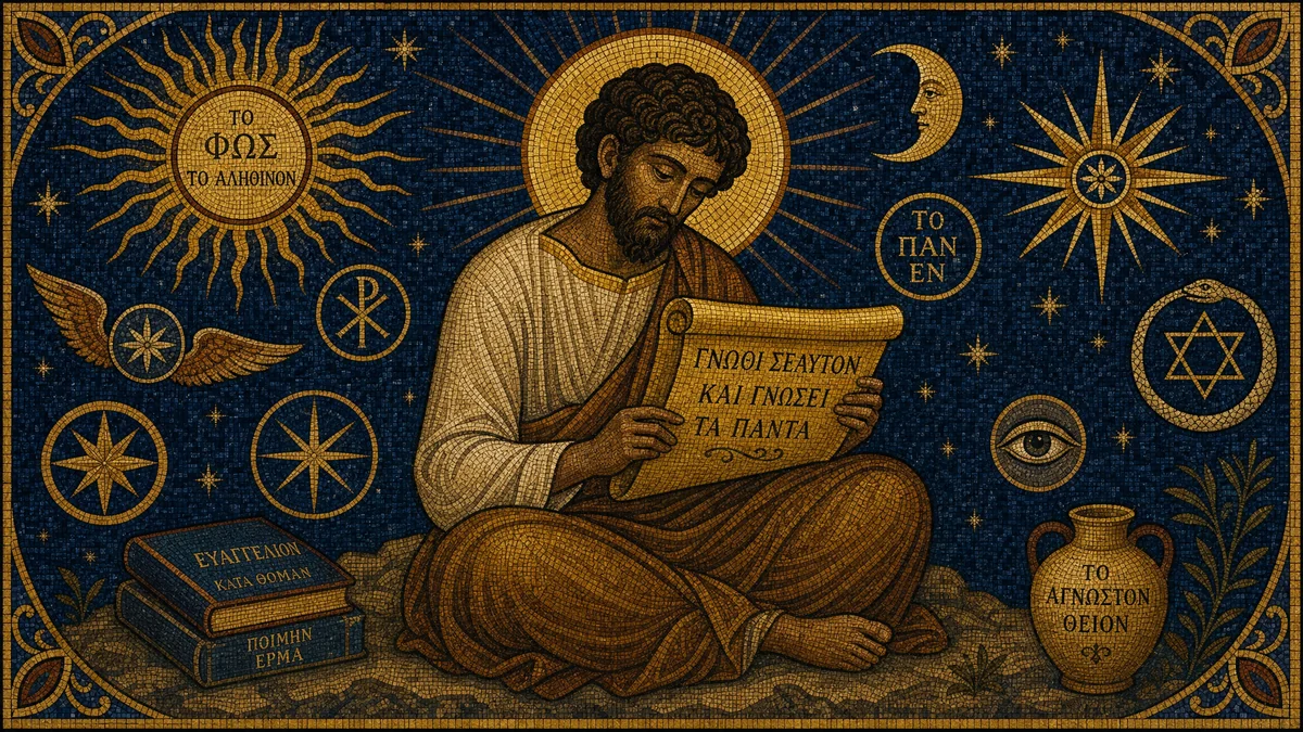 Byzantine mosaic illustration of a contemplative seeker studying an ancient scroll, surrounded by celestial symbols and golden light — representing the study of Gnostic wisdom