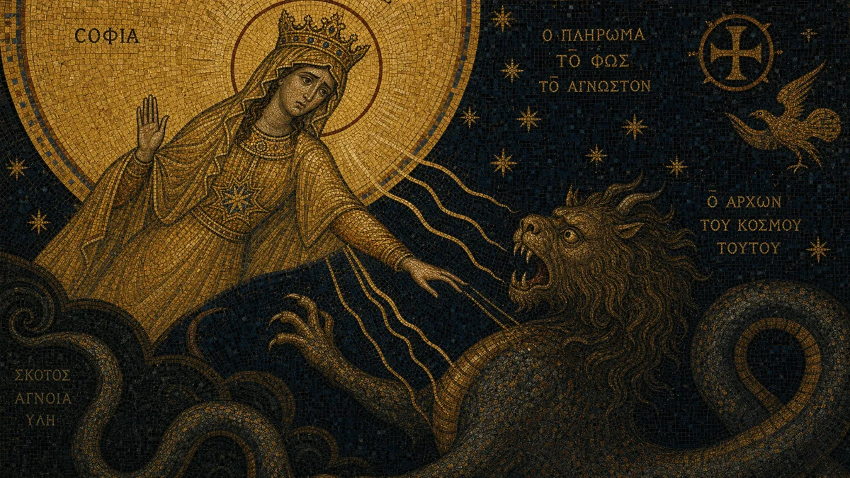 Byzantine mosaic depicting Sophia — crowned in gold — reaching toward Yaldabaoth, the monstrous lion-headed creature below her, with Greek inscriptions ΣΟΦΙΑ, Ο ΑΡΧΩΝ ΤΟΥ ΚΟΣΜΟΥ ΤΟΥΤΟΥ, and ΣΚΟΤΟΣ ΑΓΝΟΙΑ ΥΛΗ