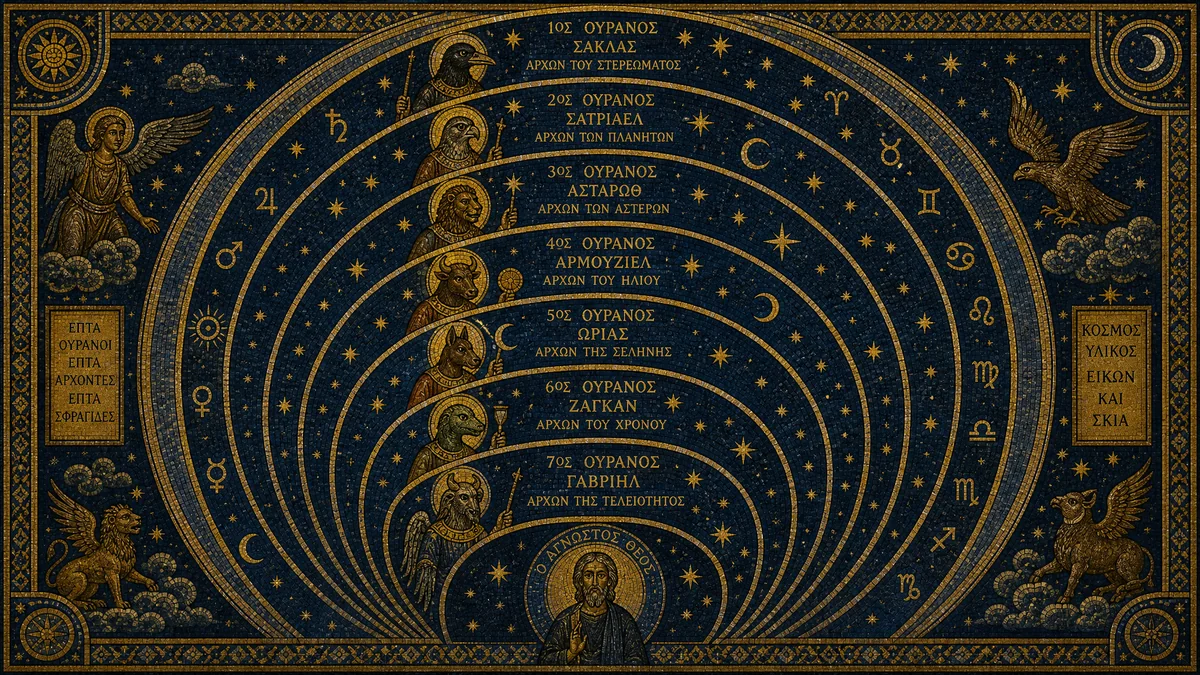 Byzantine mosaic style diagram of the seven Gnostic heavens, concentric rings each ruled by an Archon with animal head, dark navy and gold palette